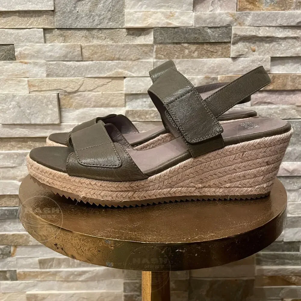 Eileen Fisher 10 Olive Leather Wedge Sandals | Espadrille Platform, Adjustable